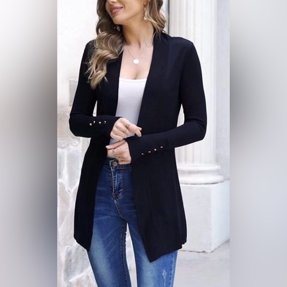 89th + MADISON cardigan open front 2 pockets silver buttons at cuffs size LP